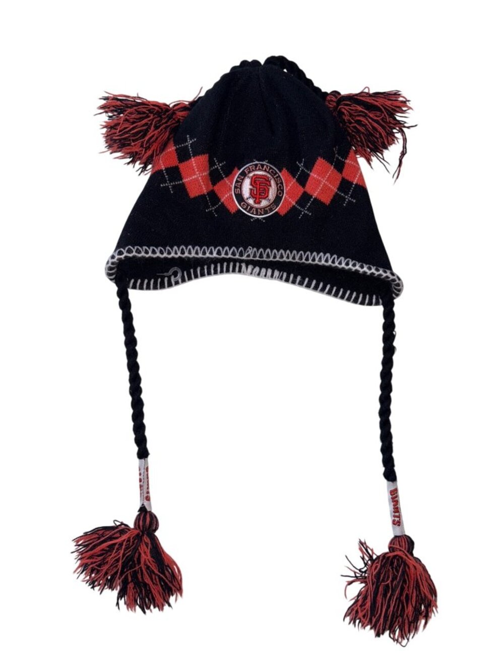 San Francisco Giants Knit Hat With Tassels & Pom Poms - Argyle Pattern - Winter